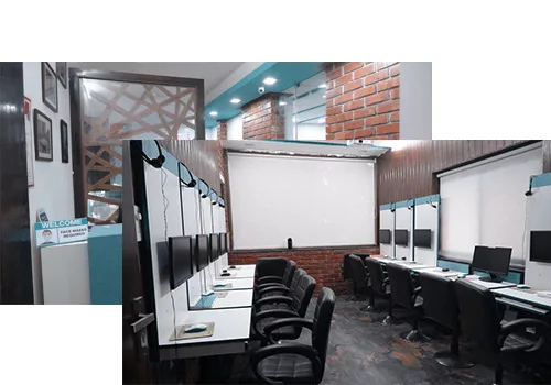 The Innovative Future Steps office in Dehradun — the reception and a room of computer workstations